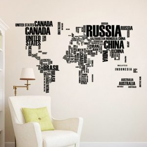Map of the World with Country Names Spelled Out in Letters on Vinyl Stickers